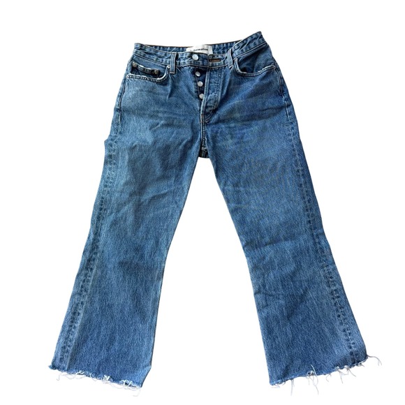 Reformation Denim - Reformation Mid Crop Flare Jeans Baltic Wash Blue Button Fly Raw Hem Size 28
